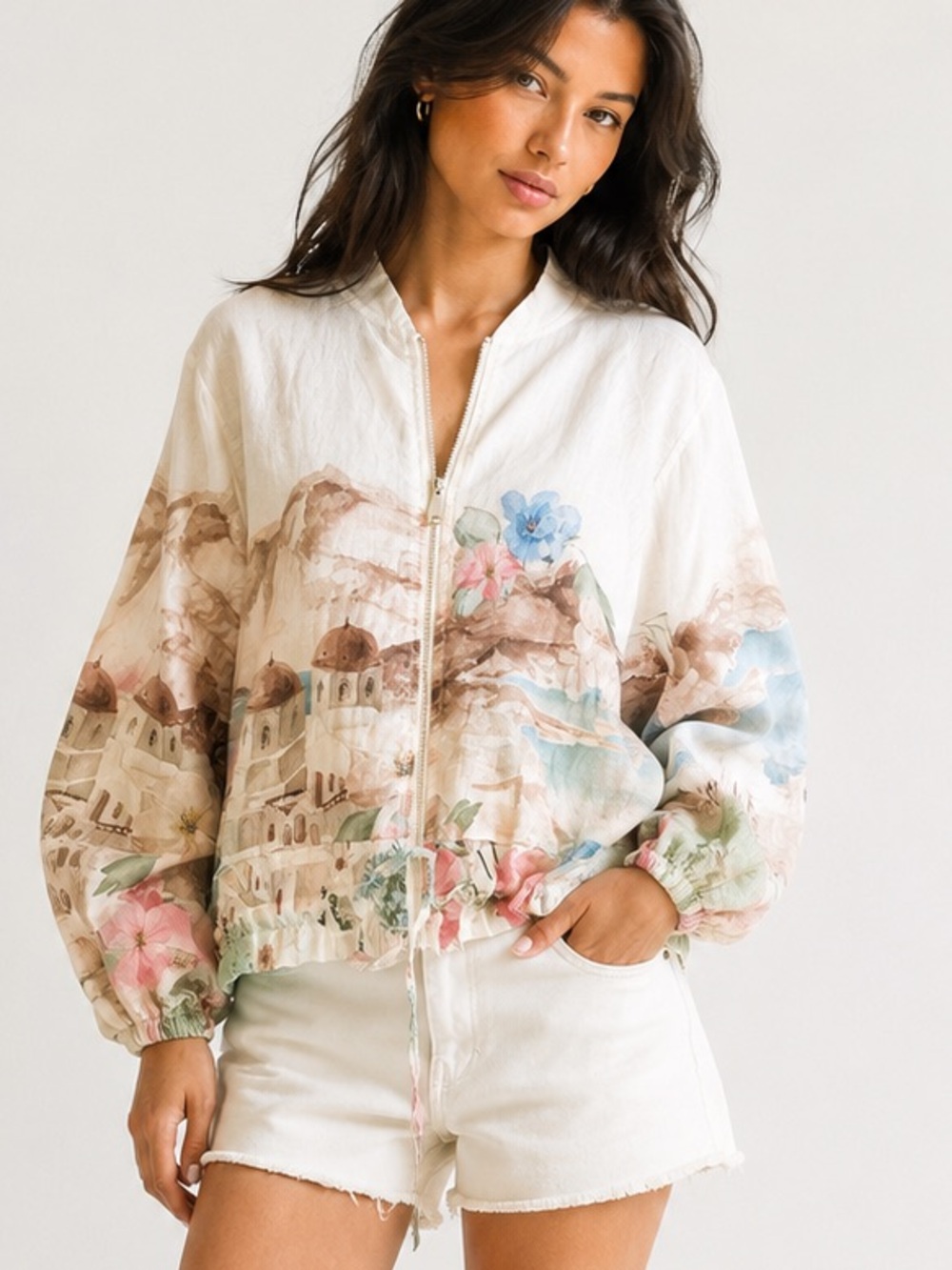 93.NWT Made In 🇮🇹 Italy  Linen blend  light summer Floral Scenic Zip-Front Bombe